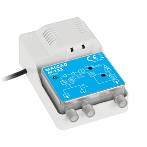 Wzmacniacz ant. ALCAD 230V Al-133      kod 9040057  1-wej/2-wyj.(VHF+FM reg. -2dB-14dB) (UHF reg.12-24dB) wewnętrzny RP    65 MHz